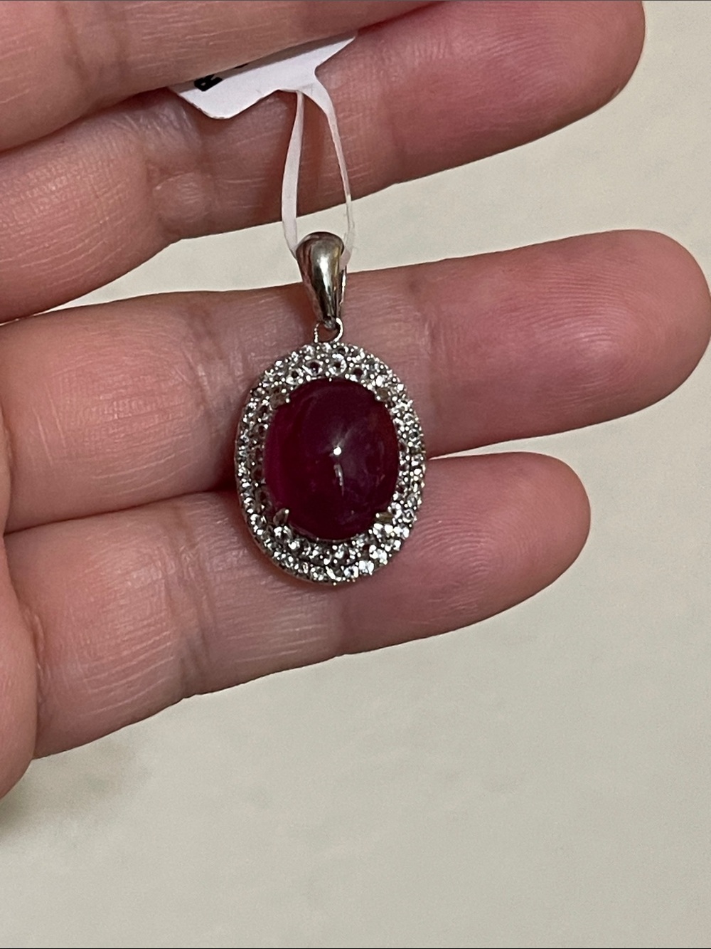 Natural Mozambique Ruby Red Cabochon Pendant with CZ Accents in 925 Silver
